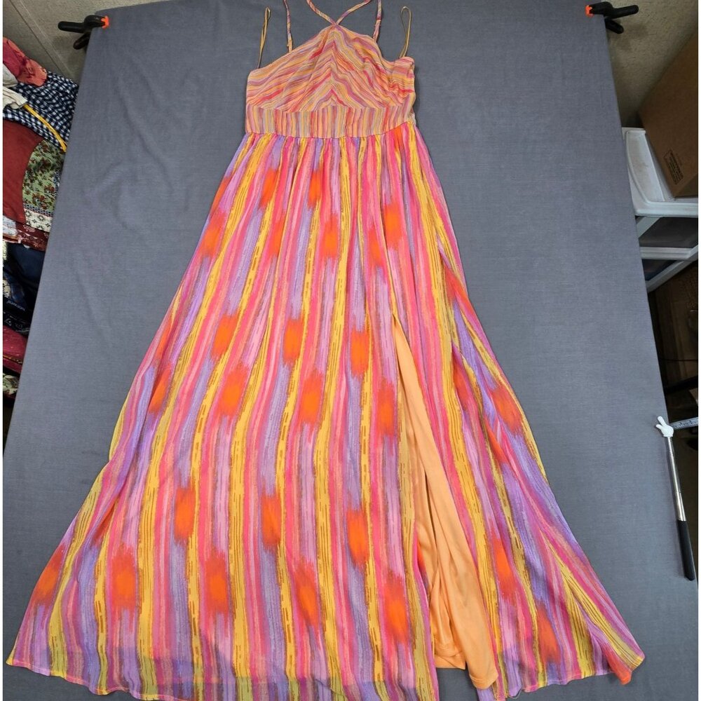 Audrey Parks Medium Multicolor Orange Pink Yellow Maxi Dress Halter Boho Beachy